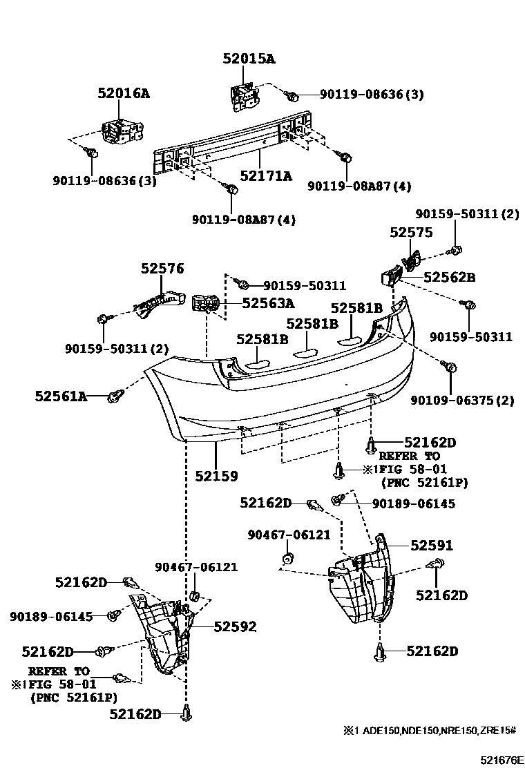 Toyota COROLLA 后保险杠及附件 EPC diagram — 521676E