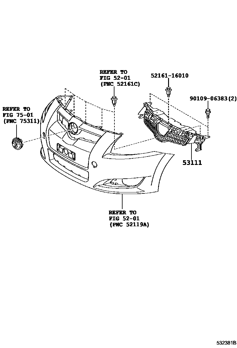 Toyota COROLLA radiator grille EPC diagram — 532381B