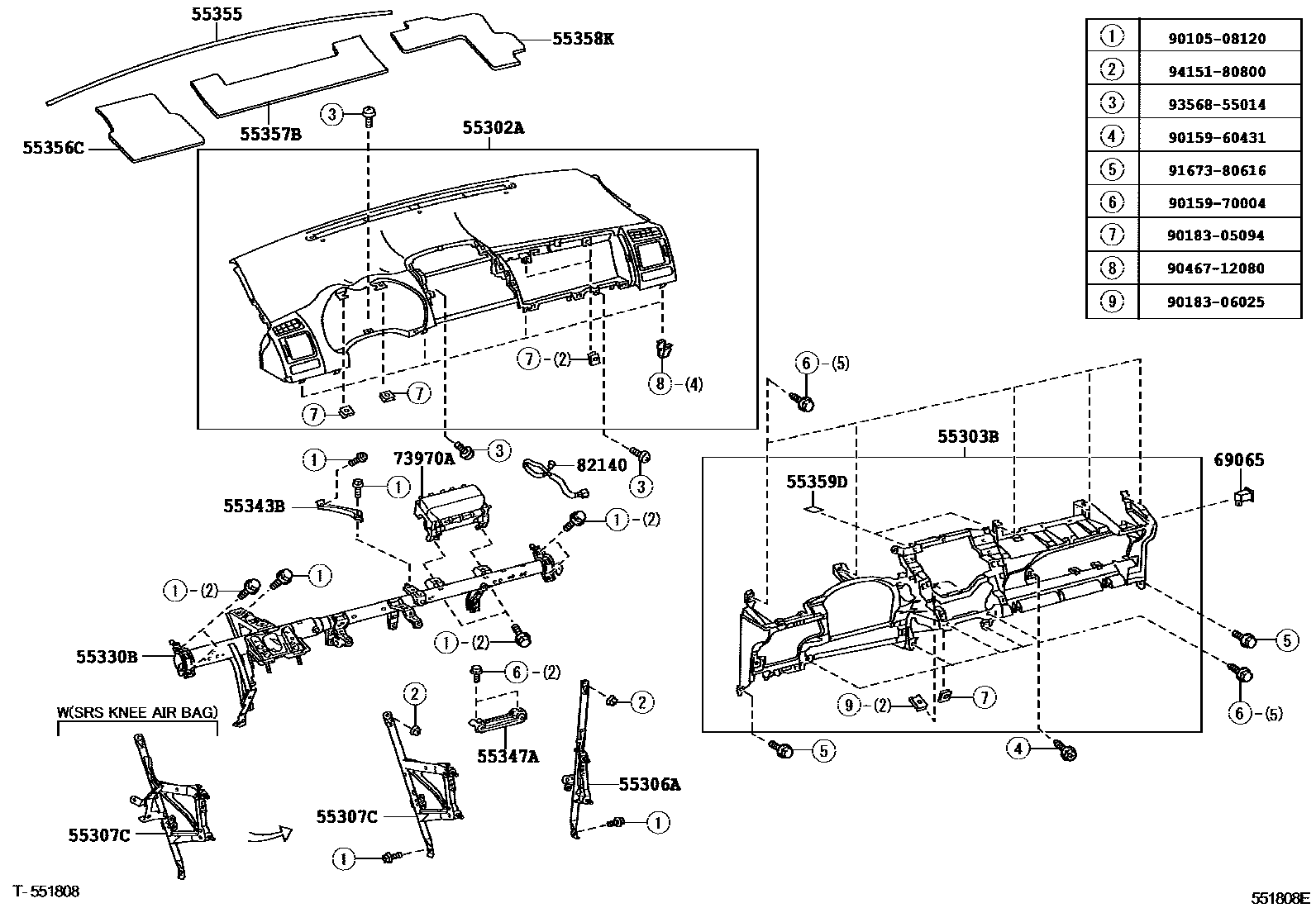 Toyota COROLLA 仪表板和手套箱 EPC diagram — 551808E