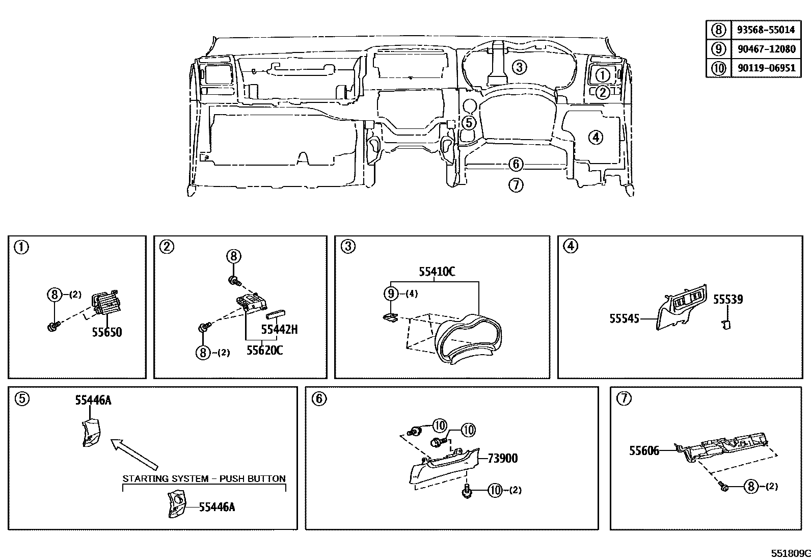 Toyota COROLLA 仪表板和手套箱 EPC diagram — 551809G