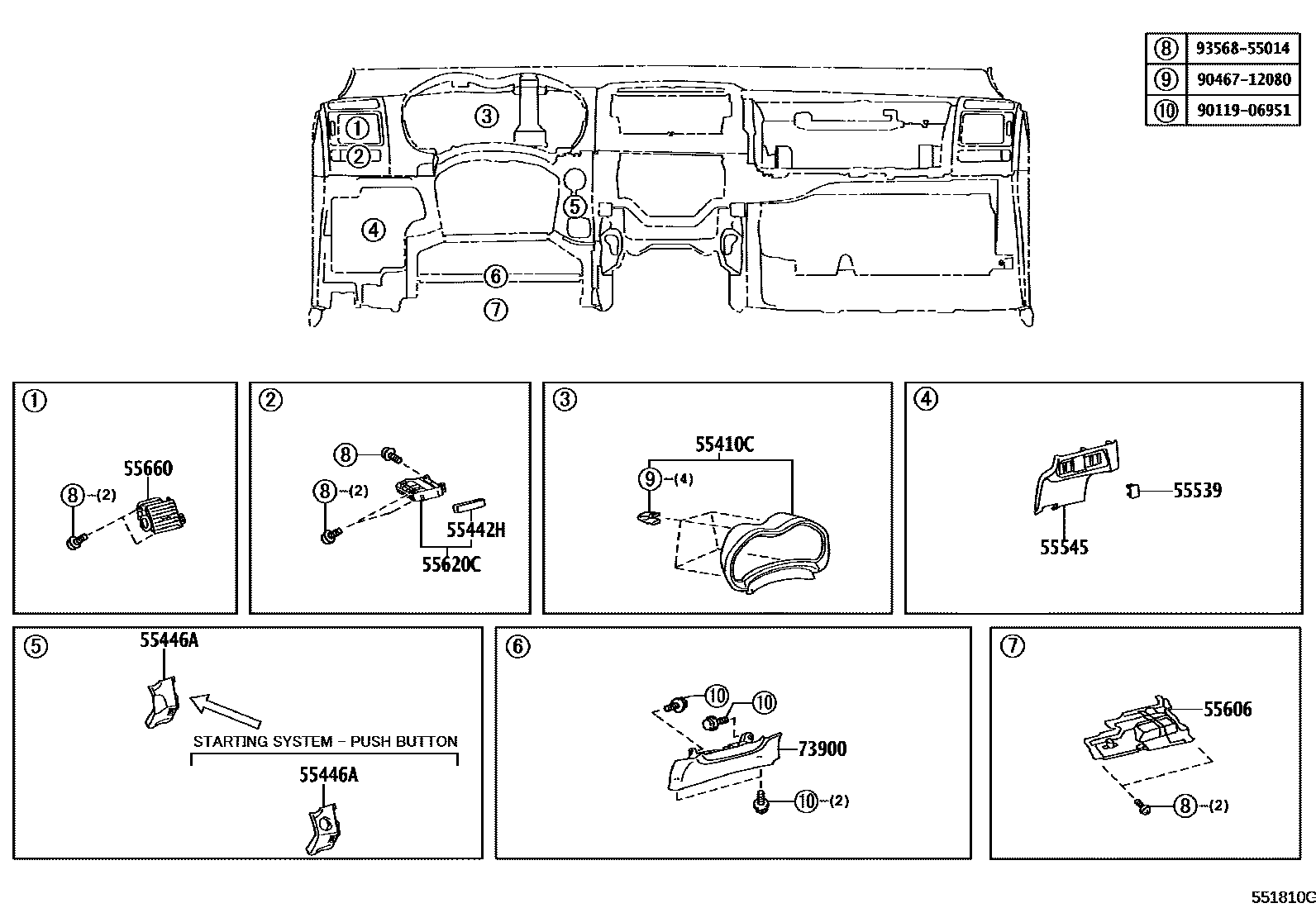 Toyota COROLLA 仪表板和手套箱 EPC diagram — 551810G