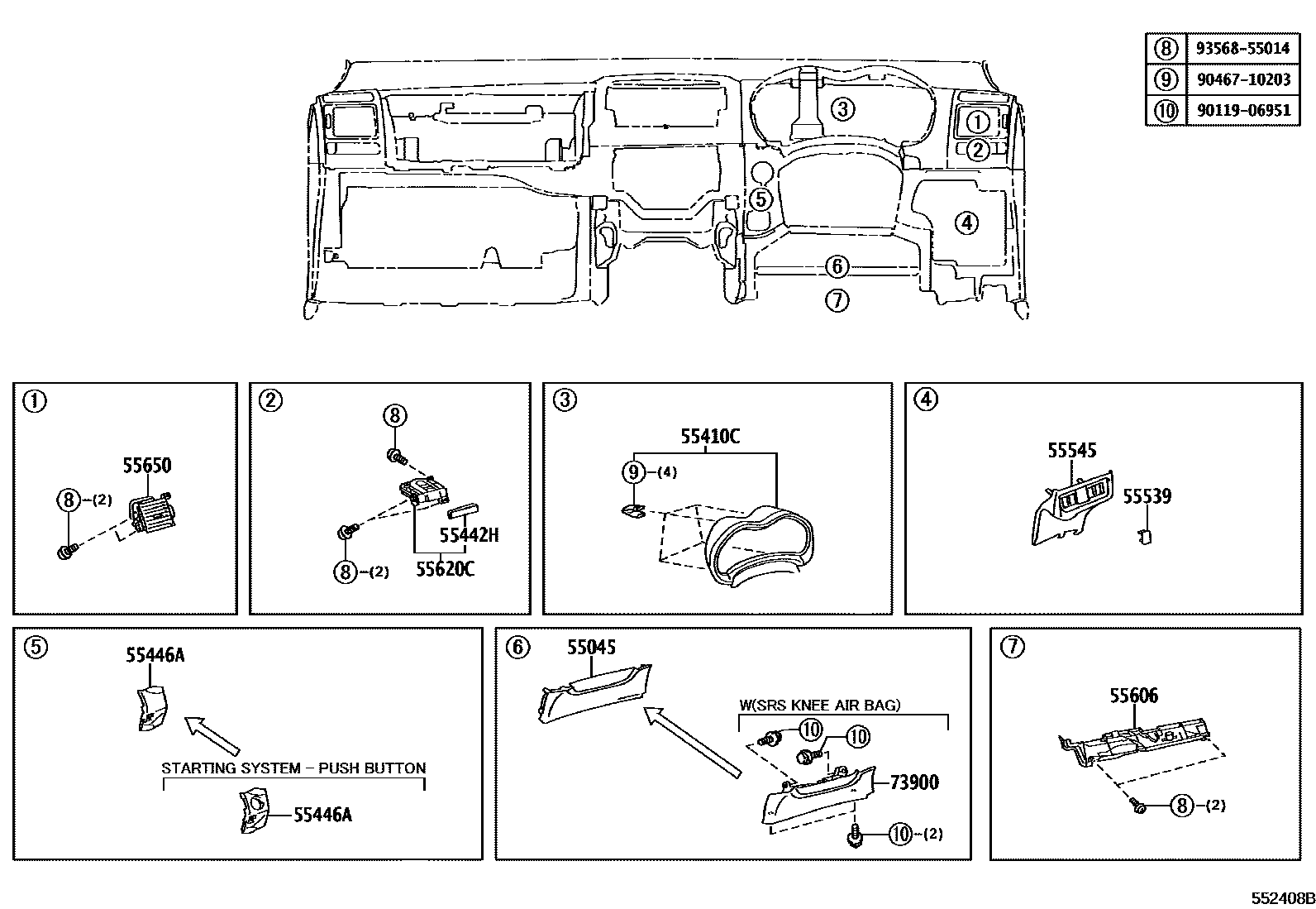 Toyota COROLLA 仪表板和手套箱 EPC diagram — 552408B
