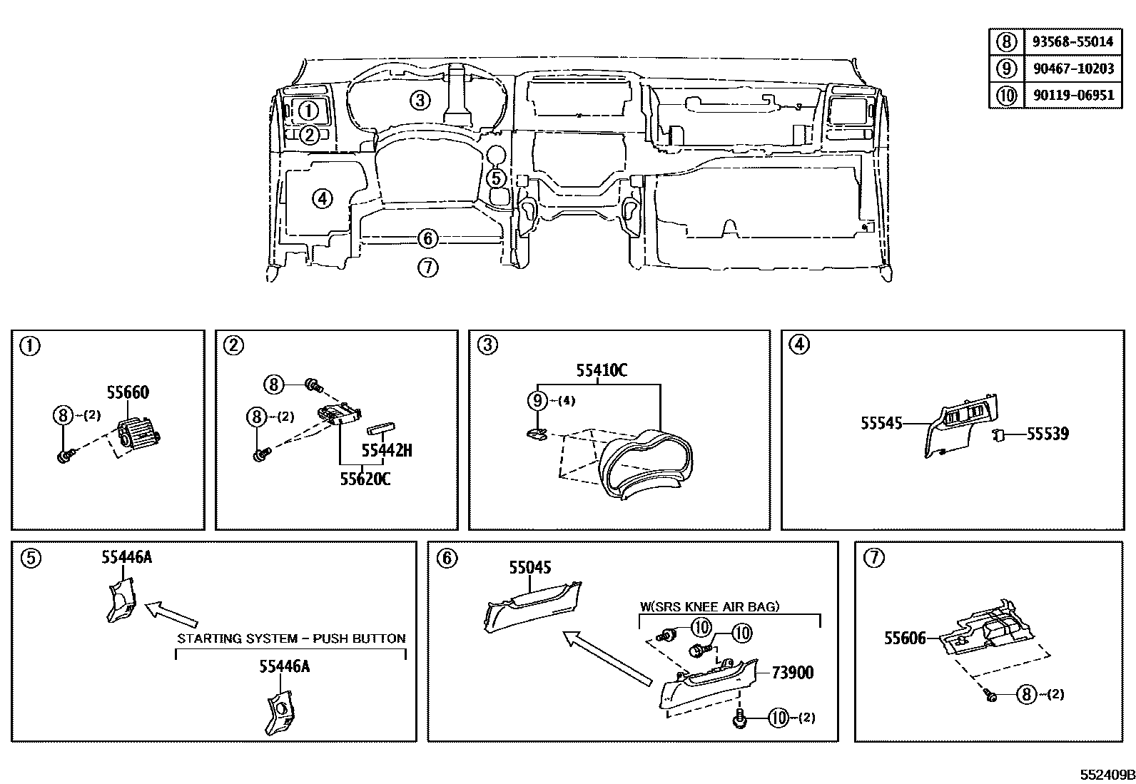 Toyota COROLLA 仪表板和手套箱 EPC diagram — 552409B
