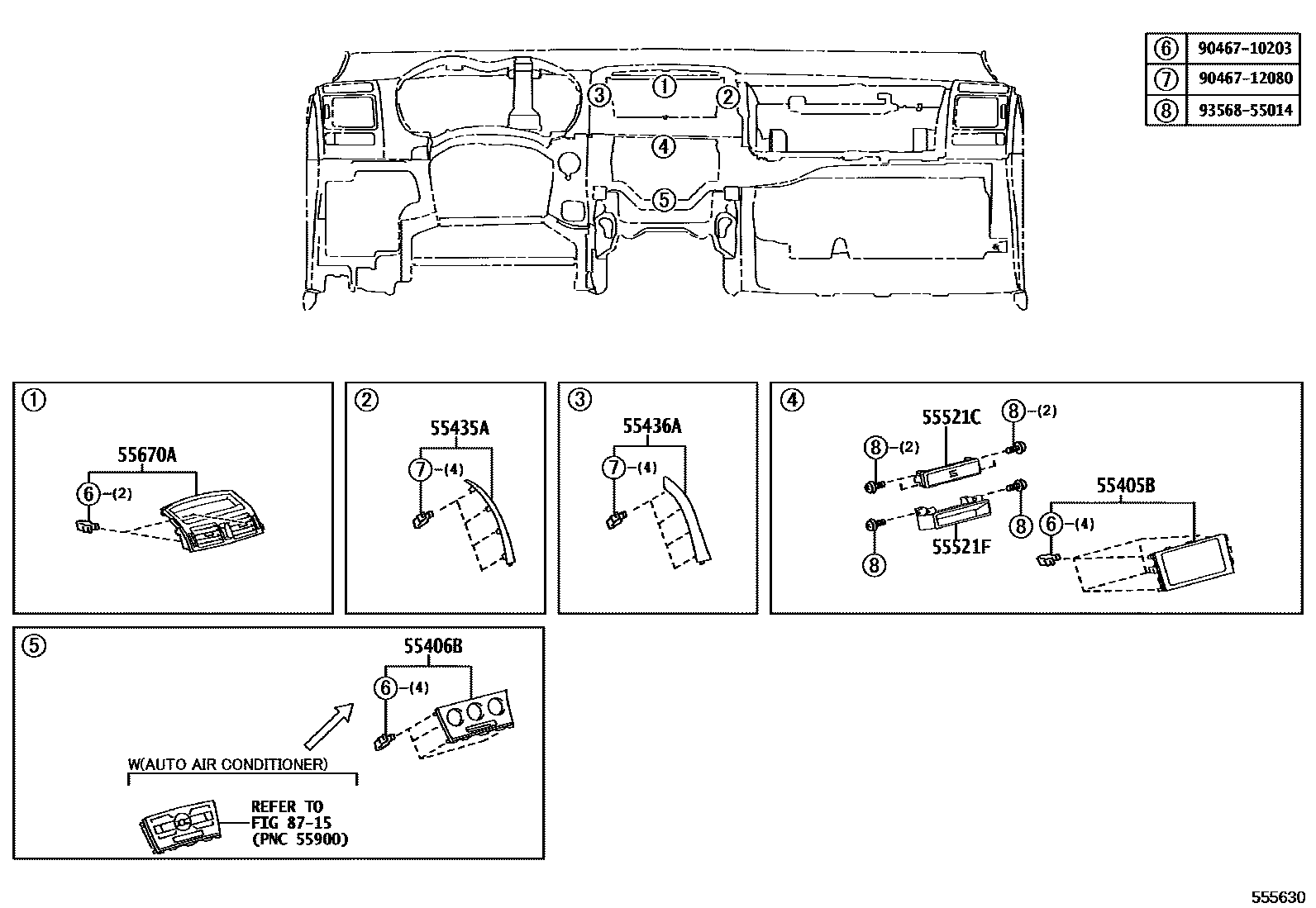 Toyota COROLLA 仪表板和手套箱 EPC diagram — 555630