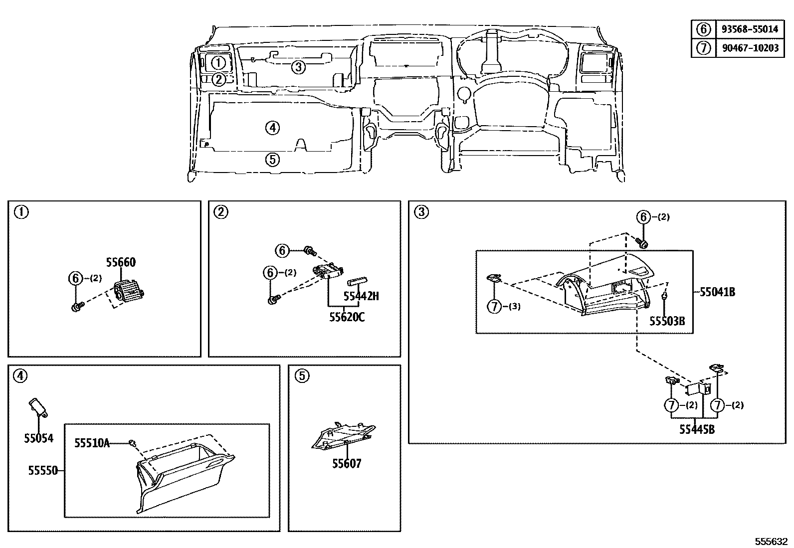 Toyota COROLLA 仪表板和手套箱 EPC diagram — 555632