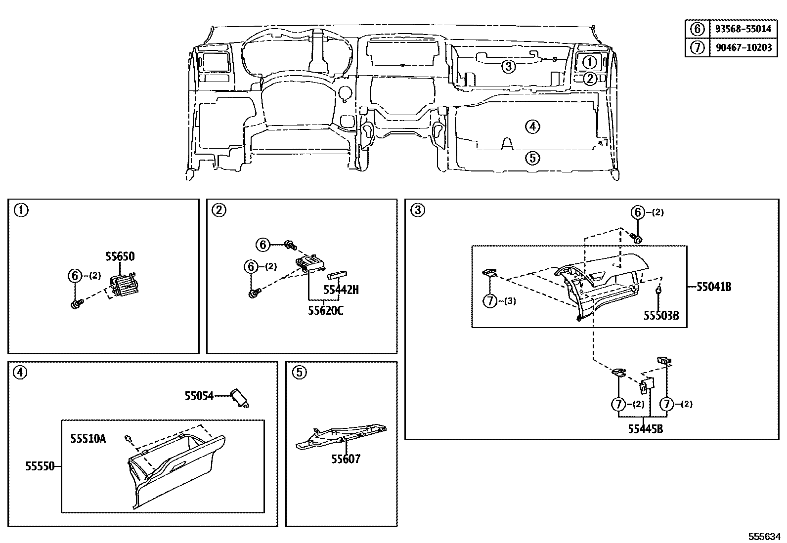 Toyota COROLLA 仪表板和手套箱 EPC diagram — 555634