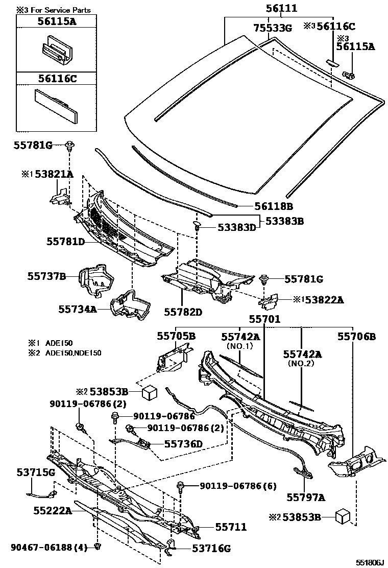 Toyota COROLLA 前围板和挡风玻璃 EPC diagram — 551806J
