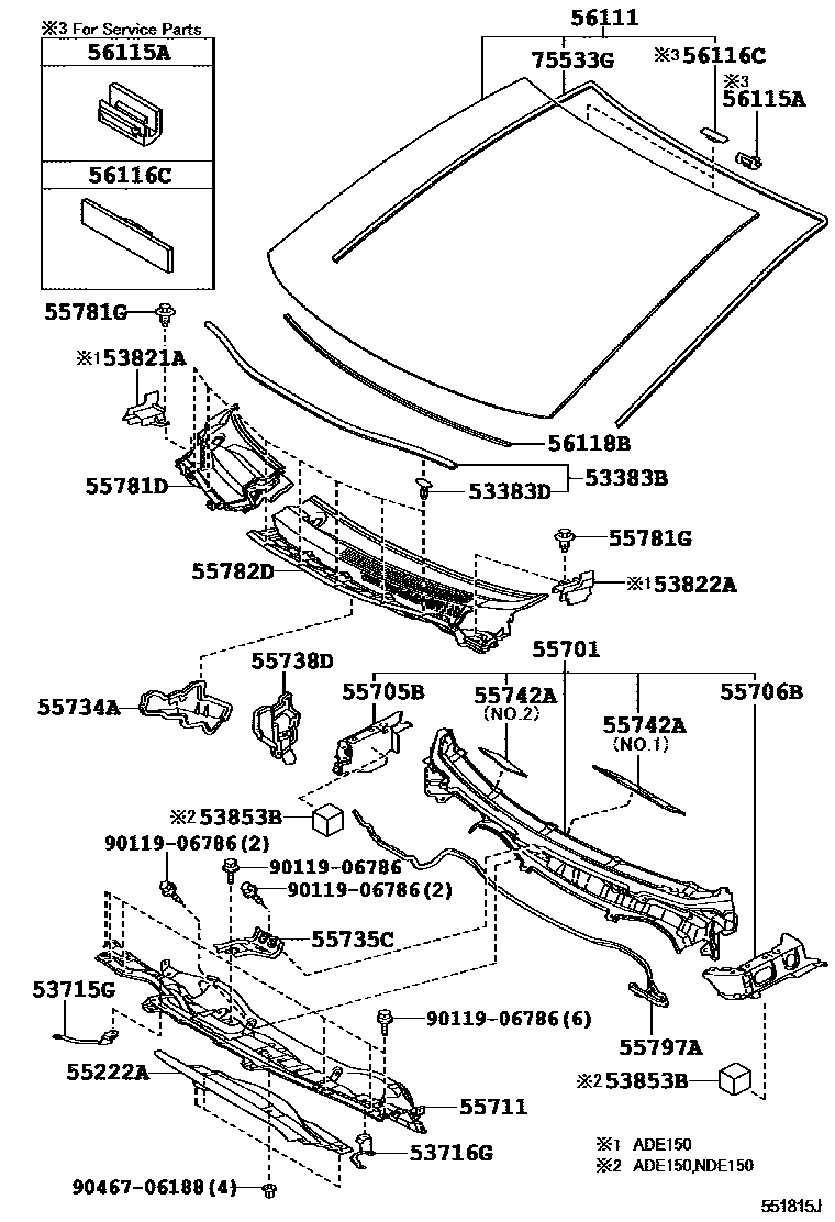 Toyota COROLLA 前围板和挡风玻璃 EPC diagram — 551815J