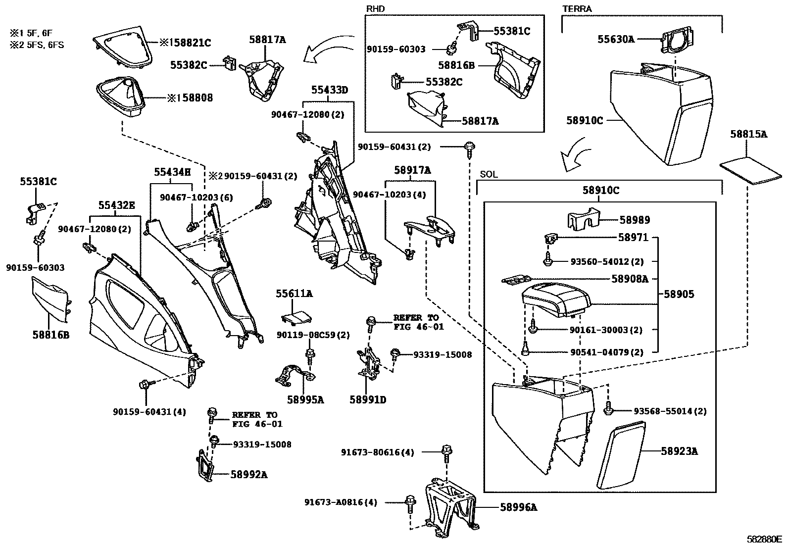 Toyota COROLLA 中央扶手箱和支架 EPC diagram — 582880E
