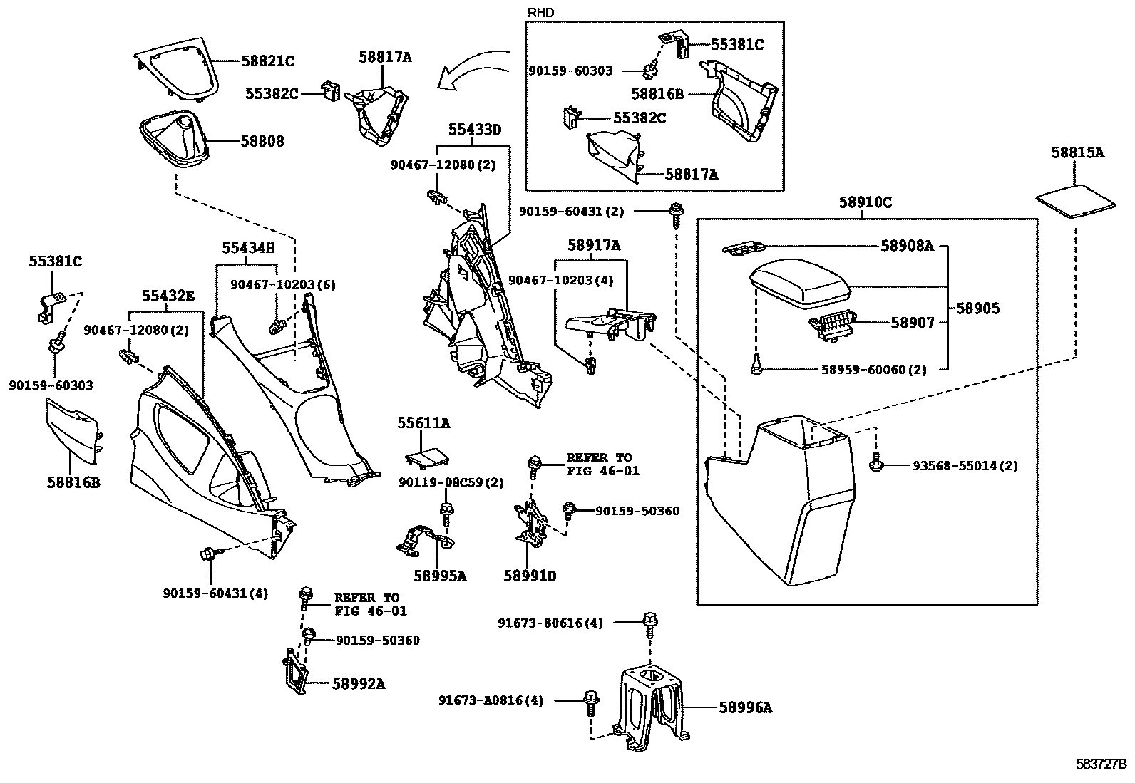 Toyota COROLLA 中央扶手箱和支架 EPC diagram — 583727B