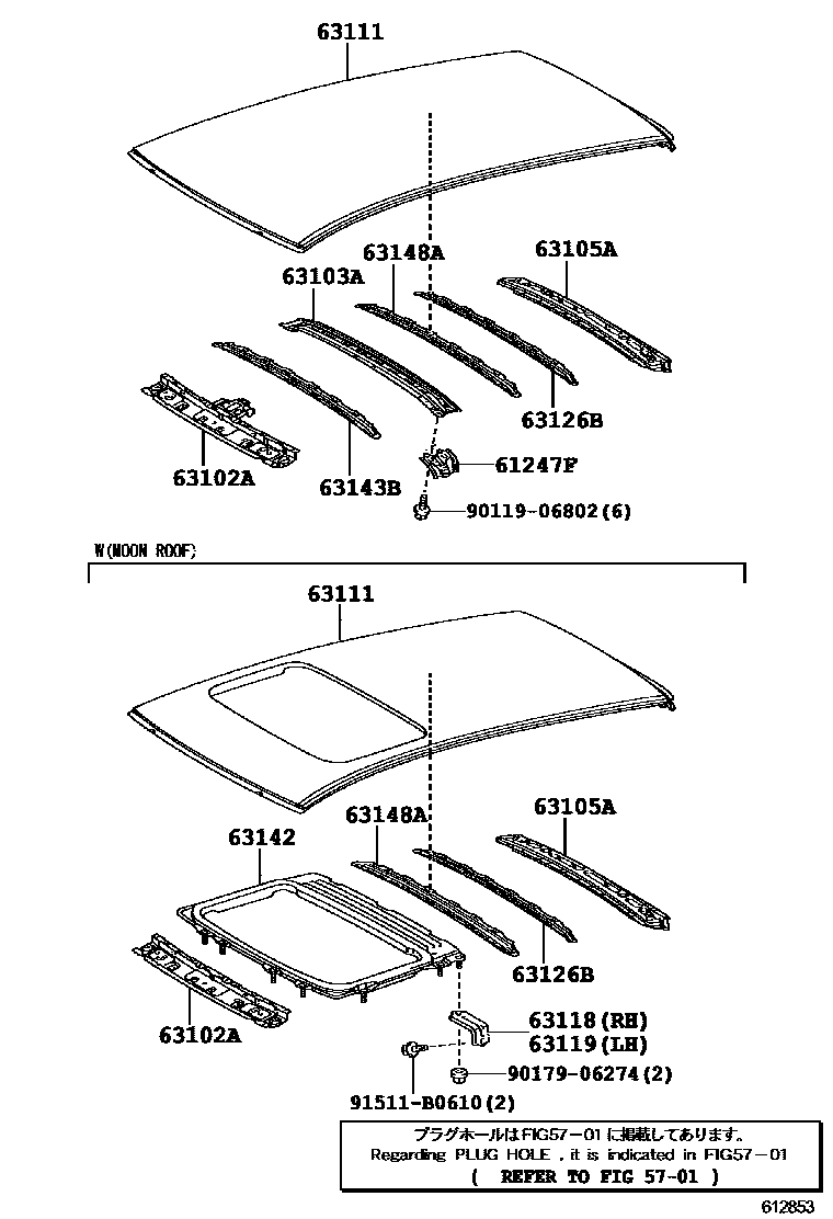 Toyota COROLLA 天窗板和背窗玻璃 EPC diagram — 612853
