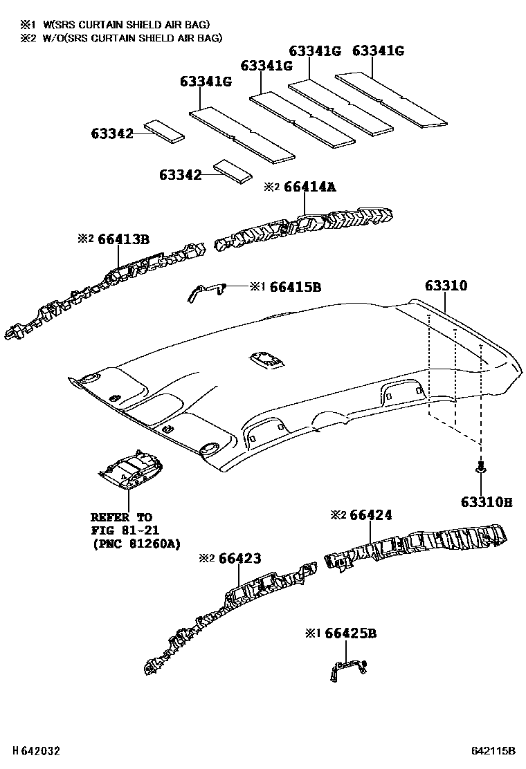 Toyota COROLLA 车顶内衬和消声垫 EPC diagram — 642115B