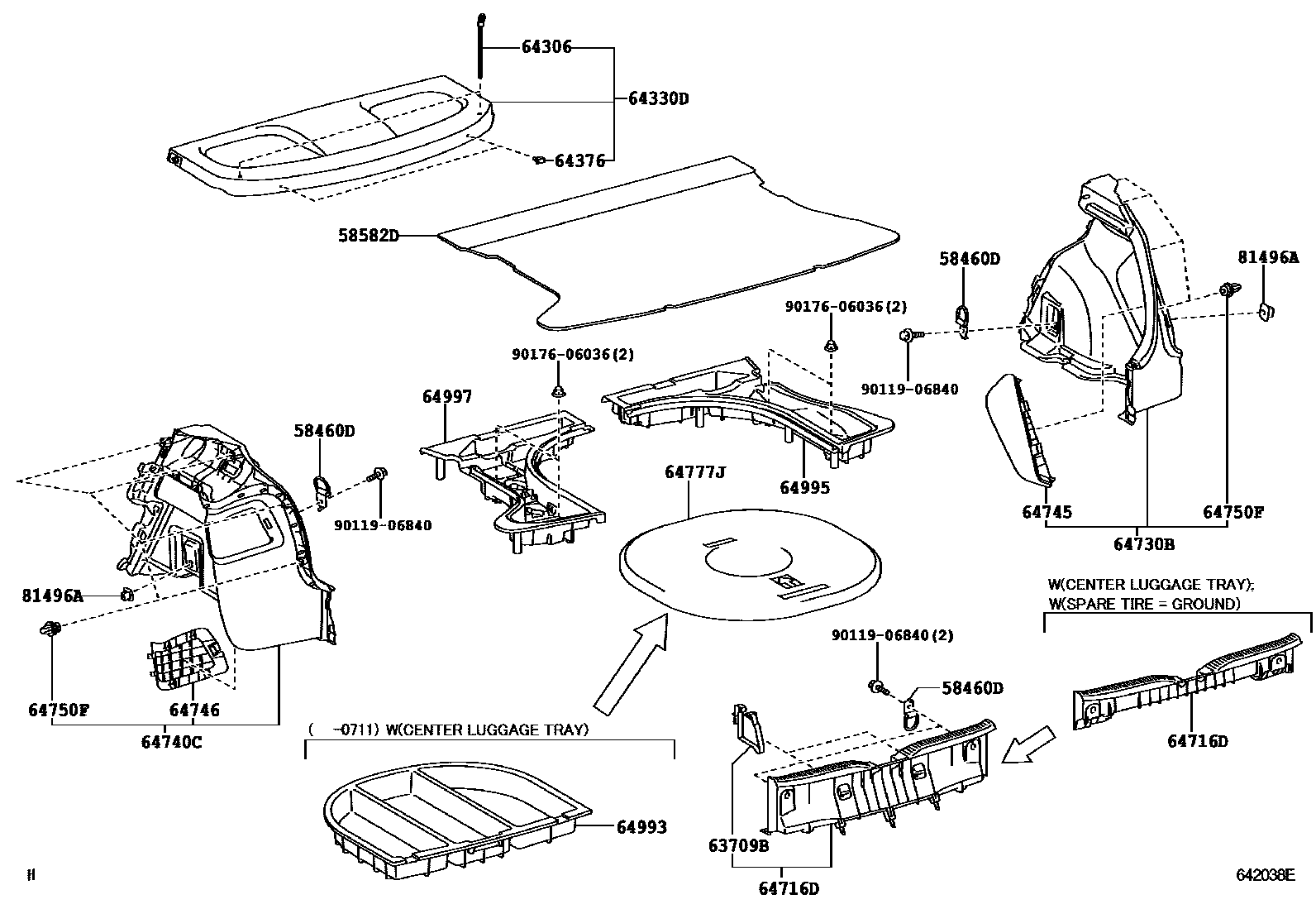 Toyota COROLLA 底板和底板装饰罩 EPC diagram — 642038E