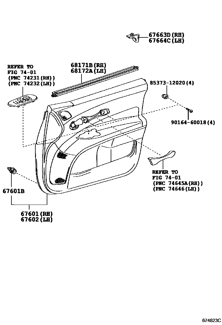 Toyota COROLLA 前门板和前门玻璃 EPC diagram — 674823C
