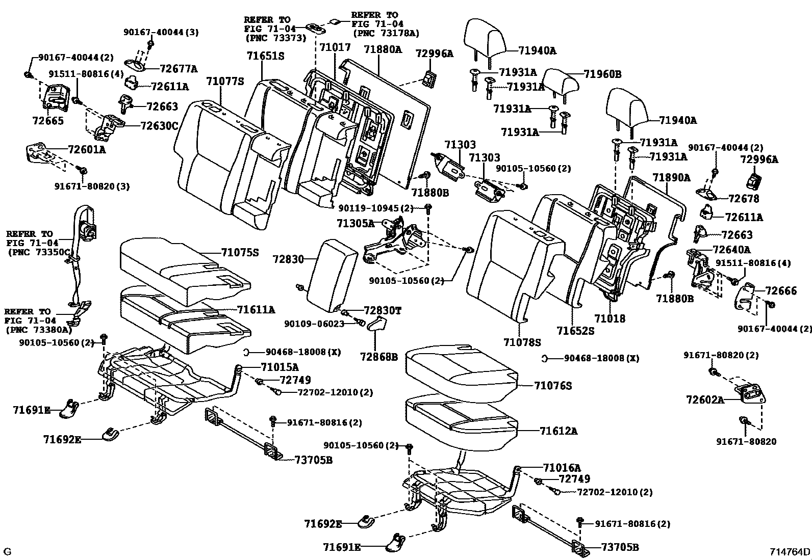 Toyota COROLLA 后排座椅和座椅滑轨 EPC diagram — 714764D