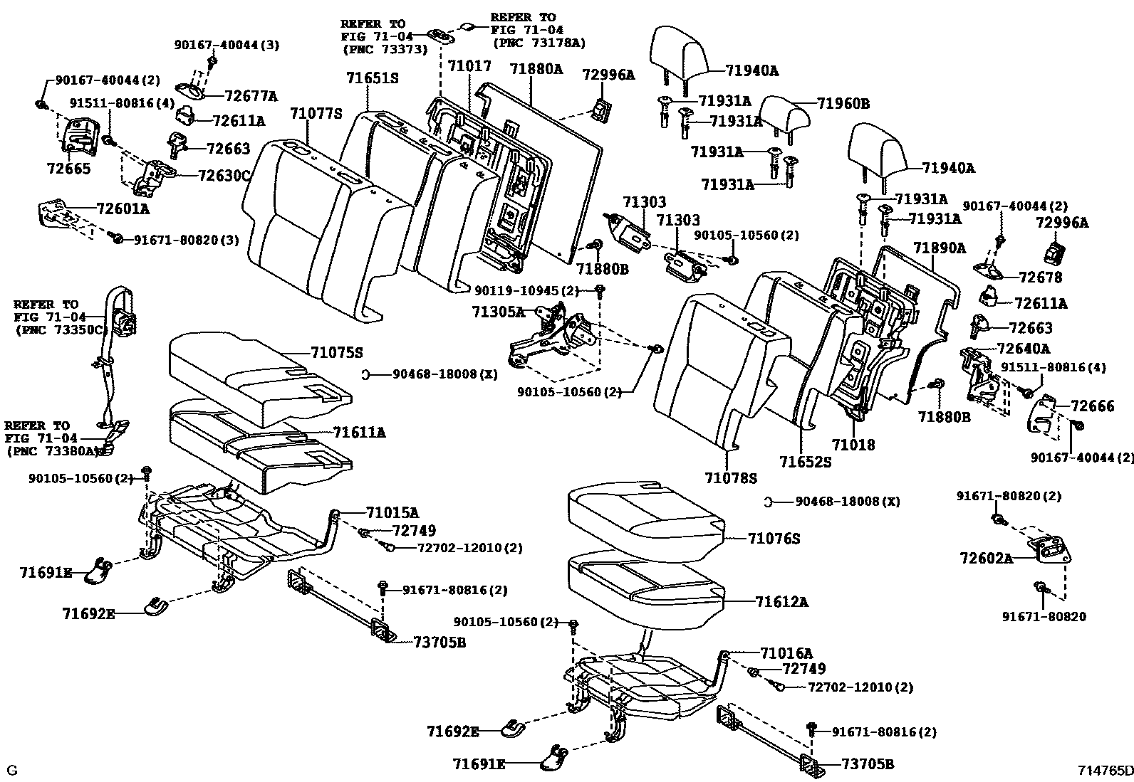 Toyota COROLLA 后排座椅和座椅滑轨 EPC diagram — 714765D