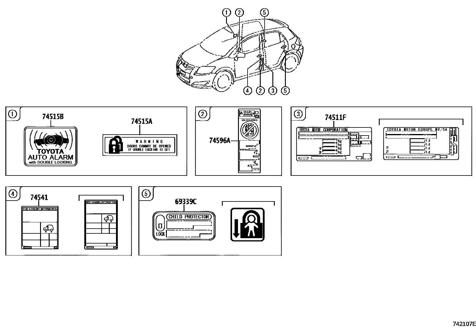 Toyota COROLLA 警示铭牌(车外和车内) EPC diagram — 742107E