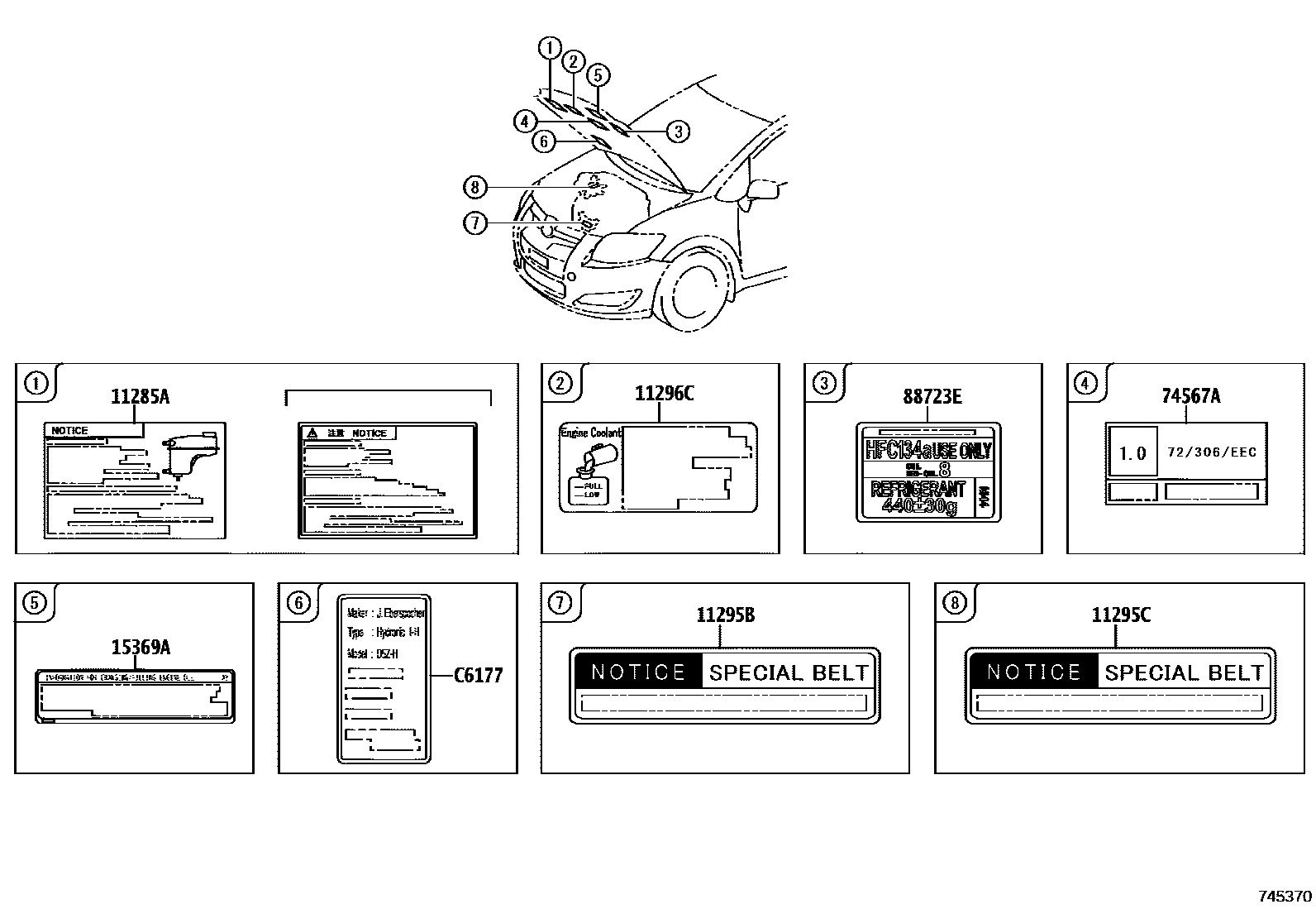 Toyota COROLLA 警示铭牌(车外和车内) EPC diagram — 745370