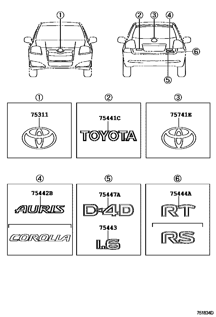 Toyota COROLLA 丰田徽标和铭牌(车外和车内) EPC diagram — 751834D