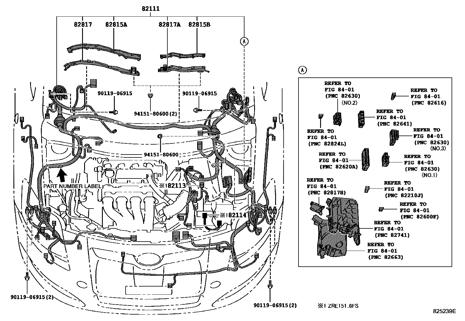 Toyota COROLLA 线束和卡夹 EPC diagram — 825239E