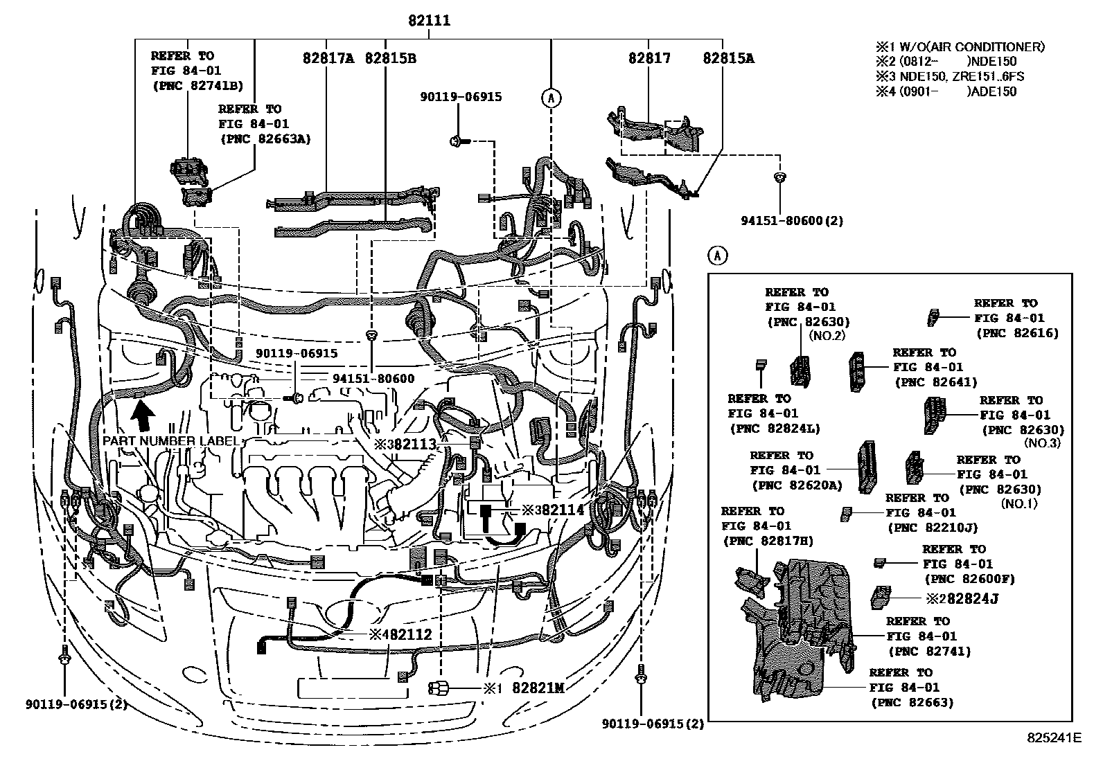 Toyota COROLLA 线束和卡夹 EPC diagram — 825241E