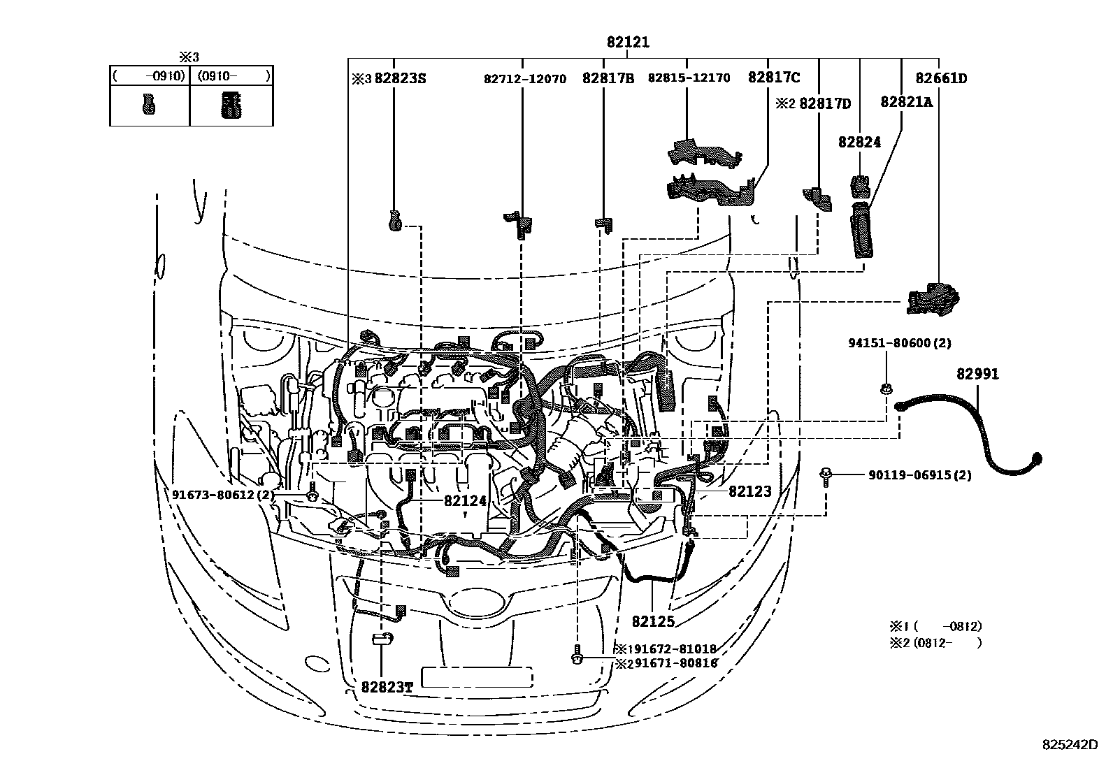 Toyota COROLLA 线束和卡夹 EPC diagram — 825242D
