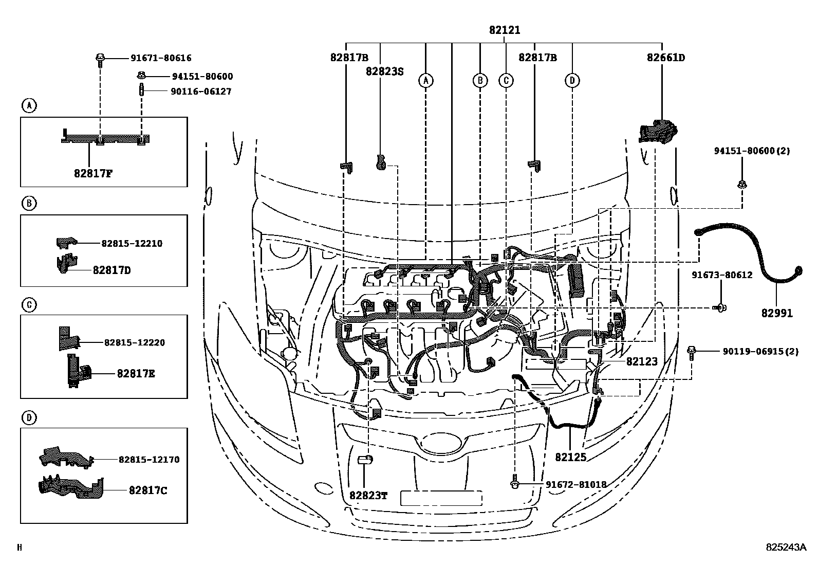 Toyota COROLLA 线束和卡夹 EPC diagram — 825243A