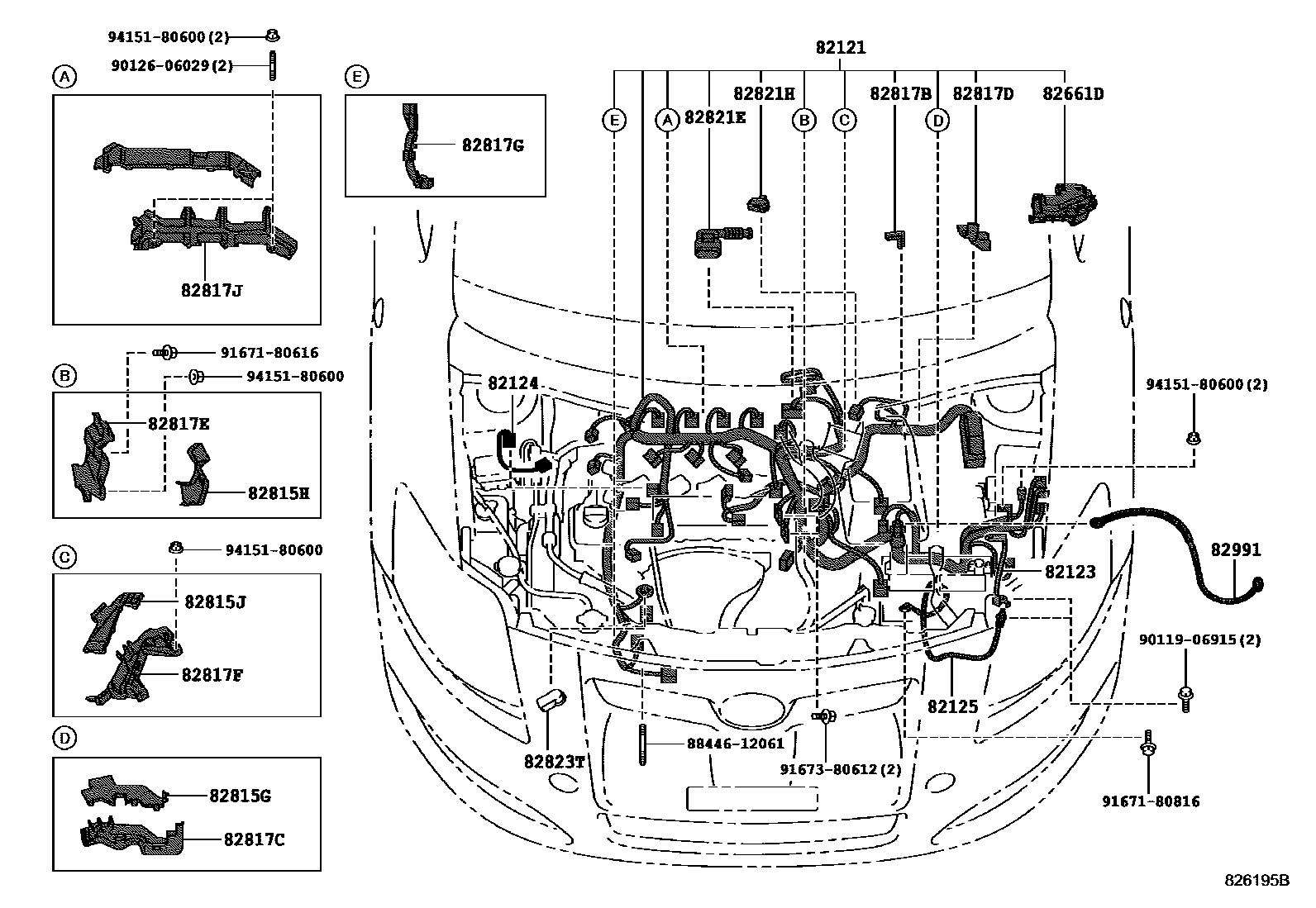 Toyota COROLLA 线束和卡夹 EPC diagram — 826195C