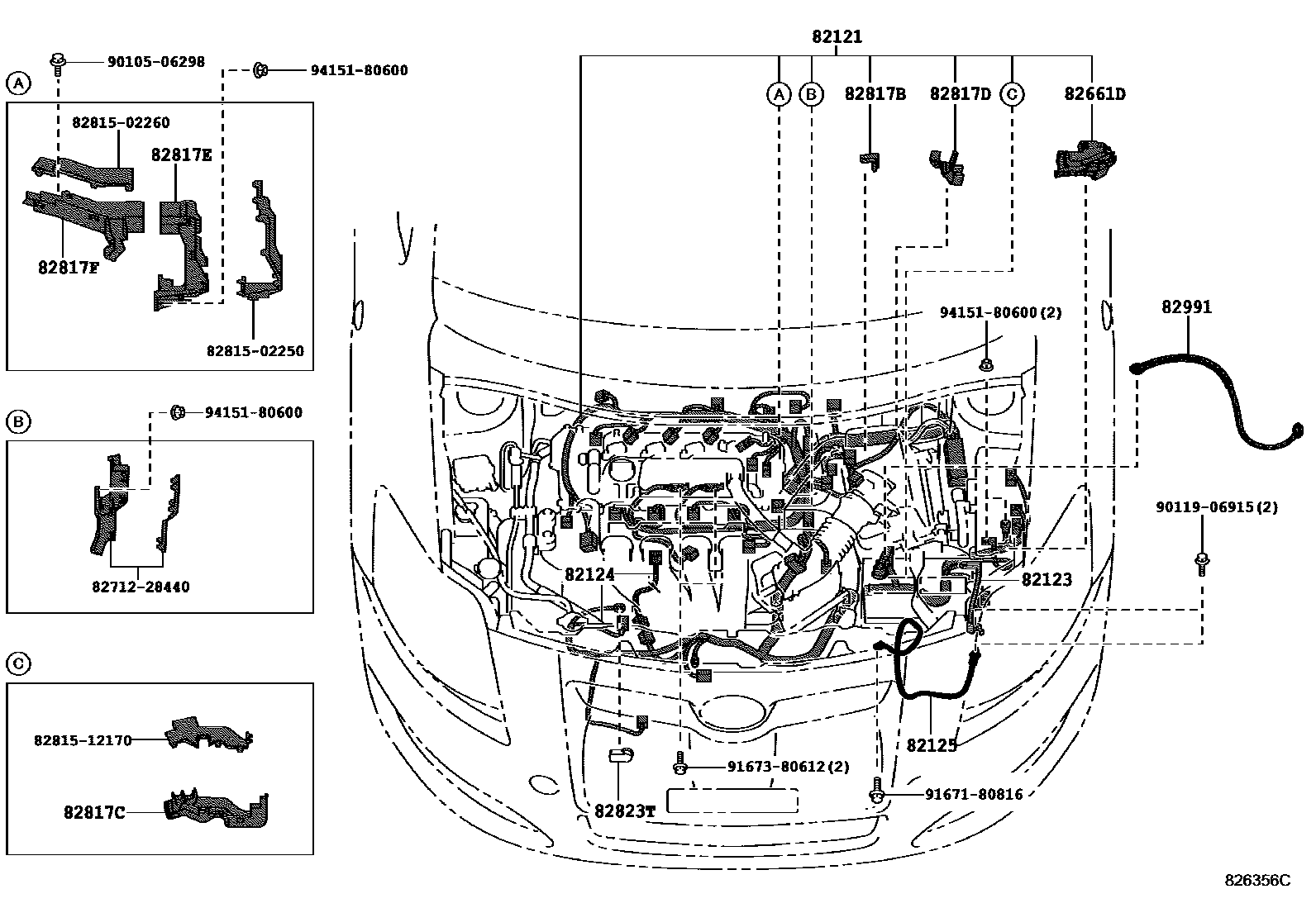 Toyota COROLLA 线束和卡夹 EPC diagram — 826356C