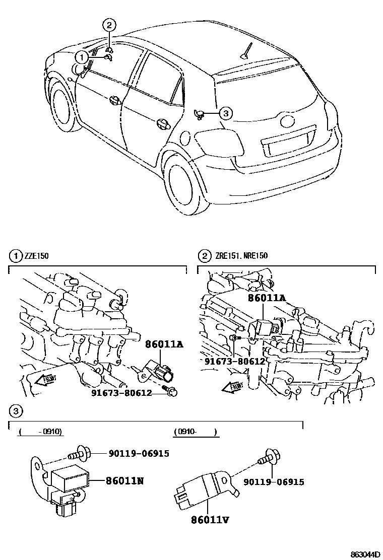 Toyota COROLLA 收音机、放大器和冷凝器 EPC diagram — 863044D