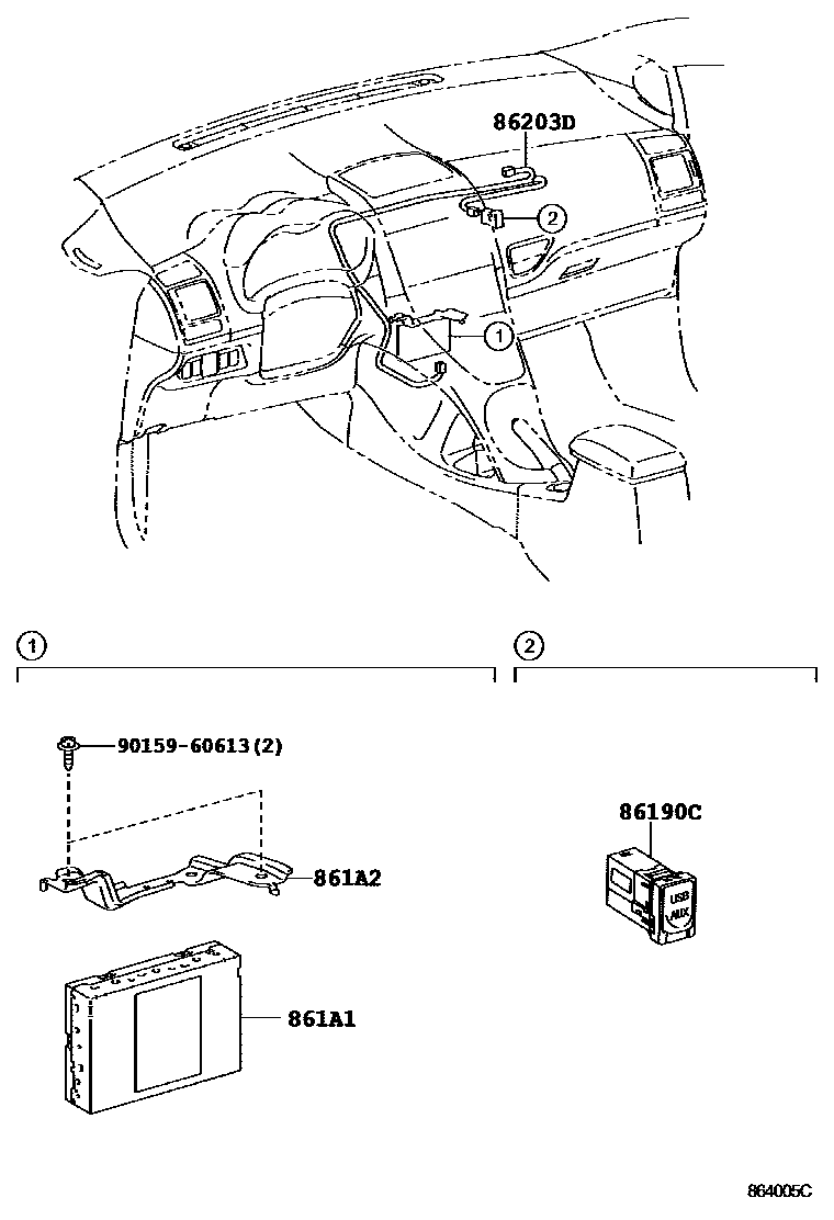 Toyota COROLLA 收音机、放大器和冷凝器 EPC diagram — 864005C