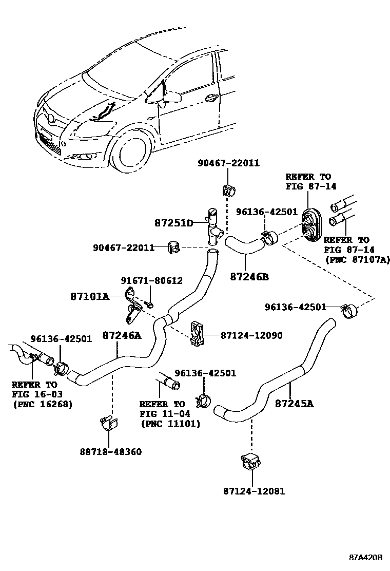 Toyota COROLLA 暖风和空调系统 - 水管 EPC diagram — 87A420B