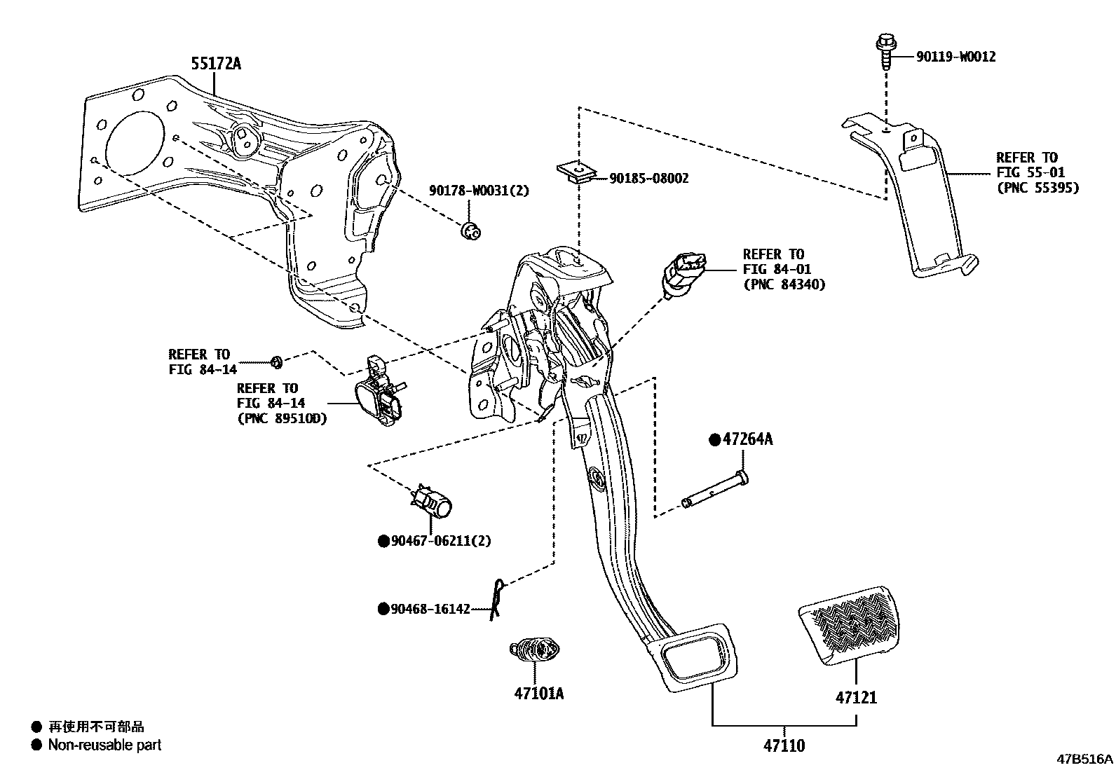 Toyota COROLLA Brake Pedal & Bracket EPC diagram — 47B516A