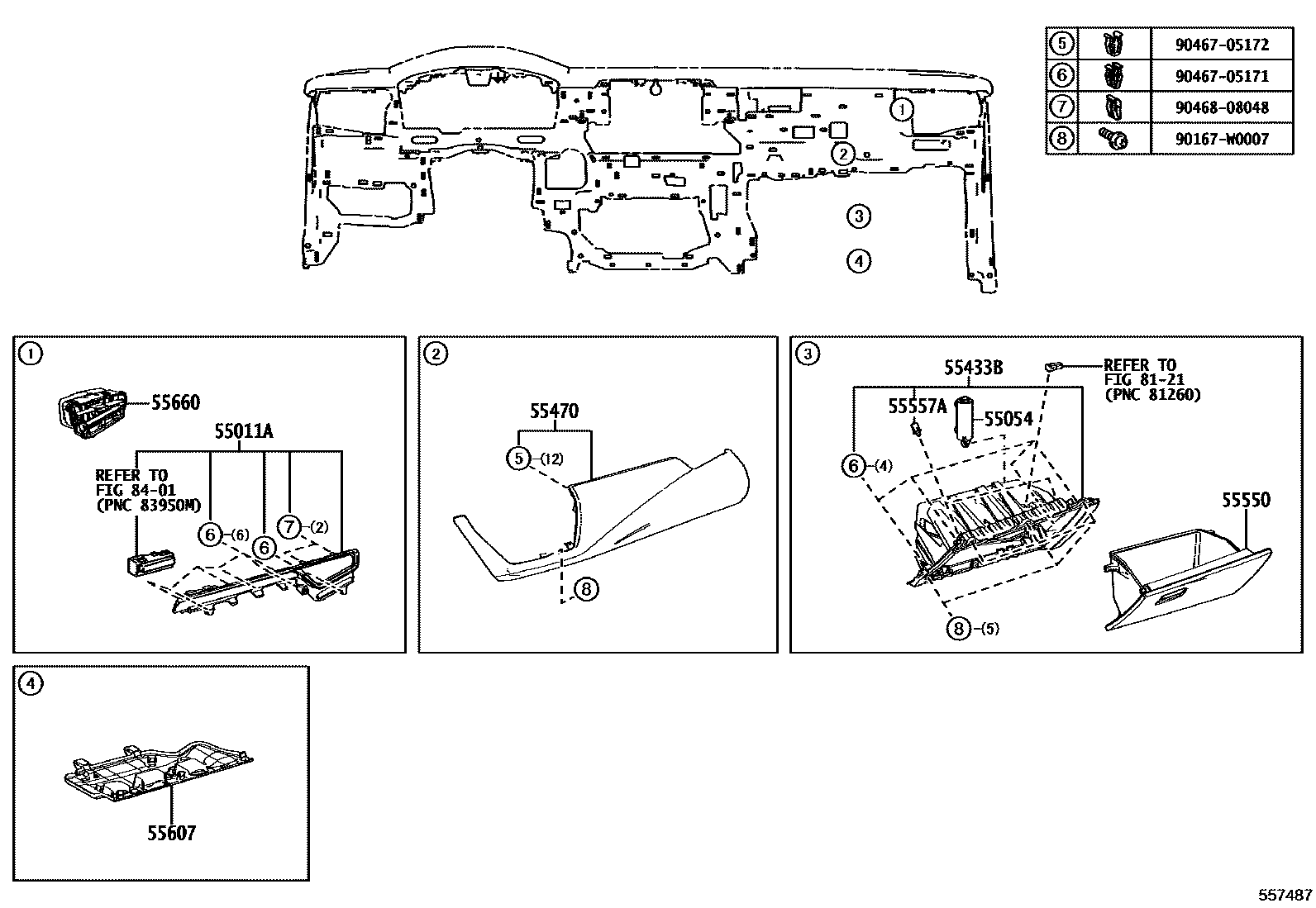 Toyota COROLLA 仪表板和手套箱 EPC diagram — 557487