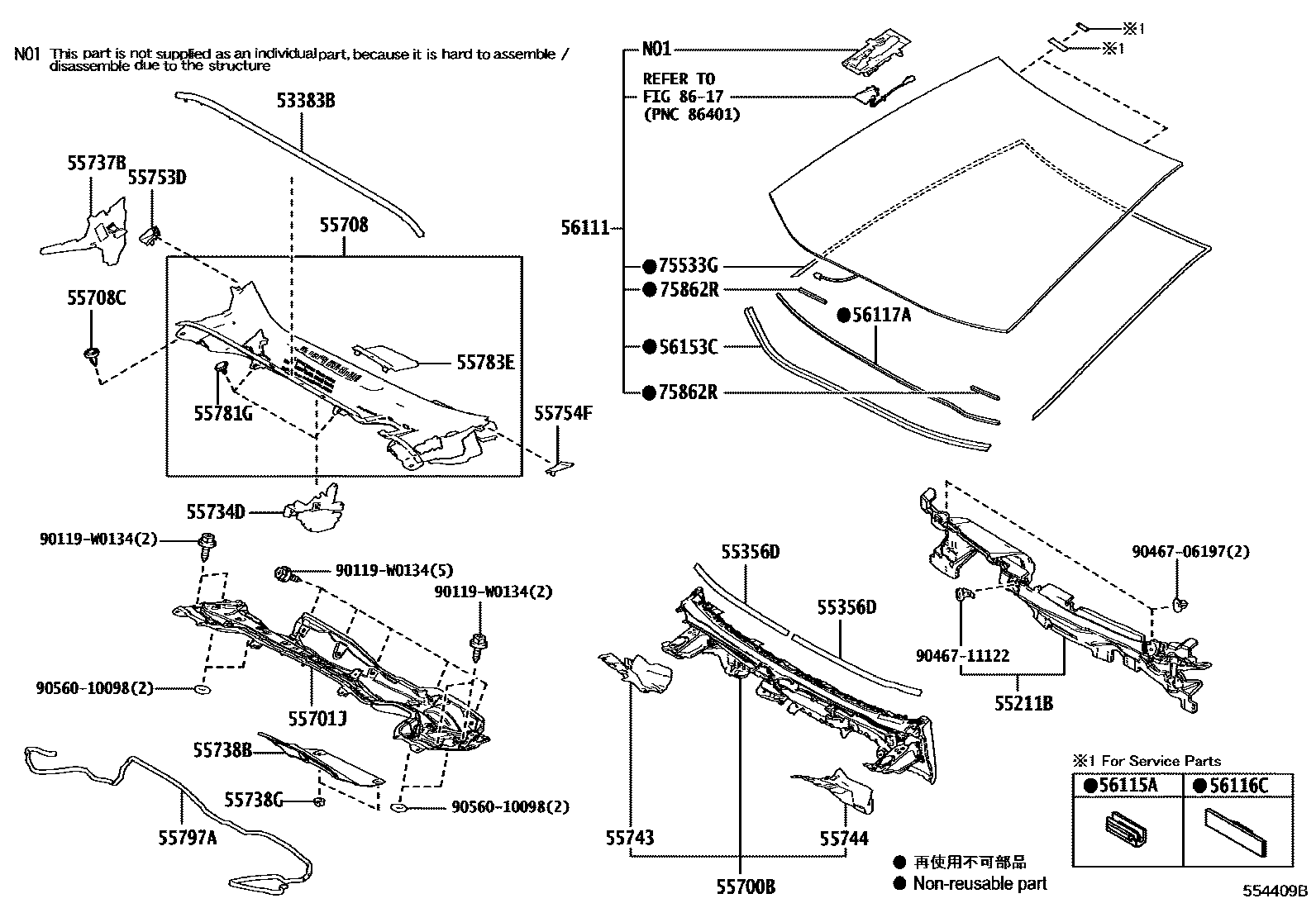 Toyota COROLLA 前围板和挡风玻璃 EPC diagram — 554409B