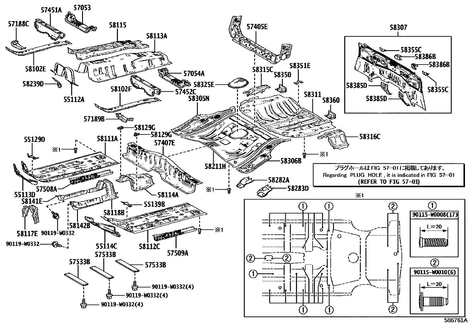 Toyota COROLLA 浅盘形地板和车身下背板 EPC diagram — 586761A