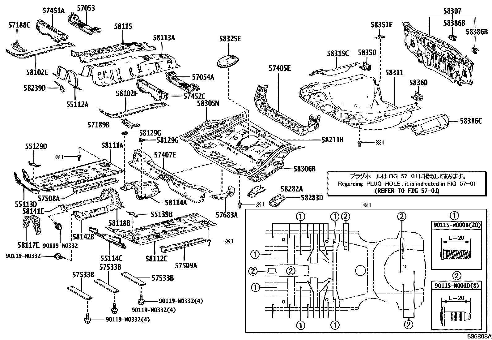 Toyota COROLLA 浅盘形地板和车身下背板 EPC diagram — 586808A