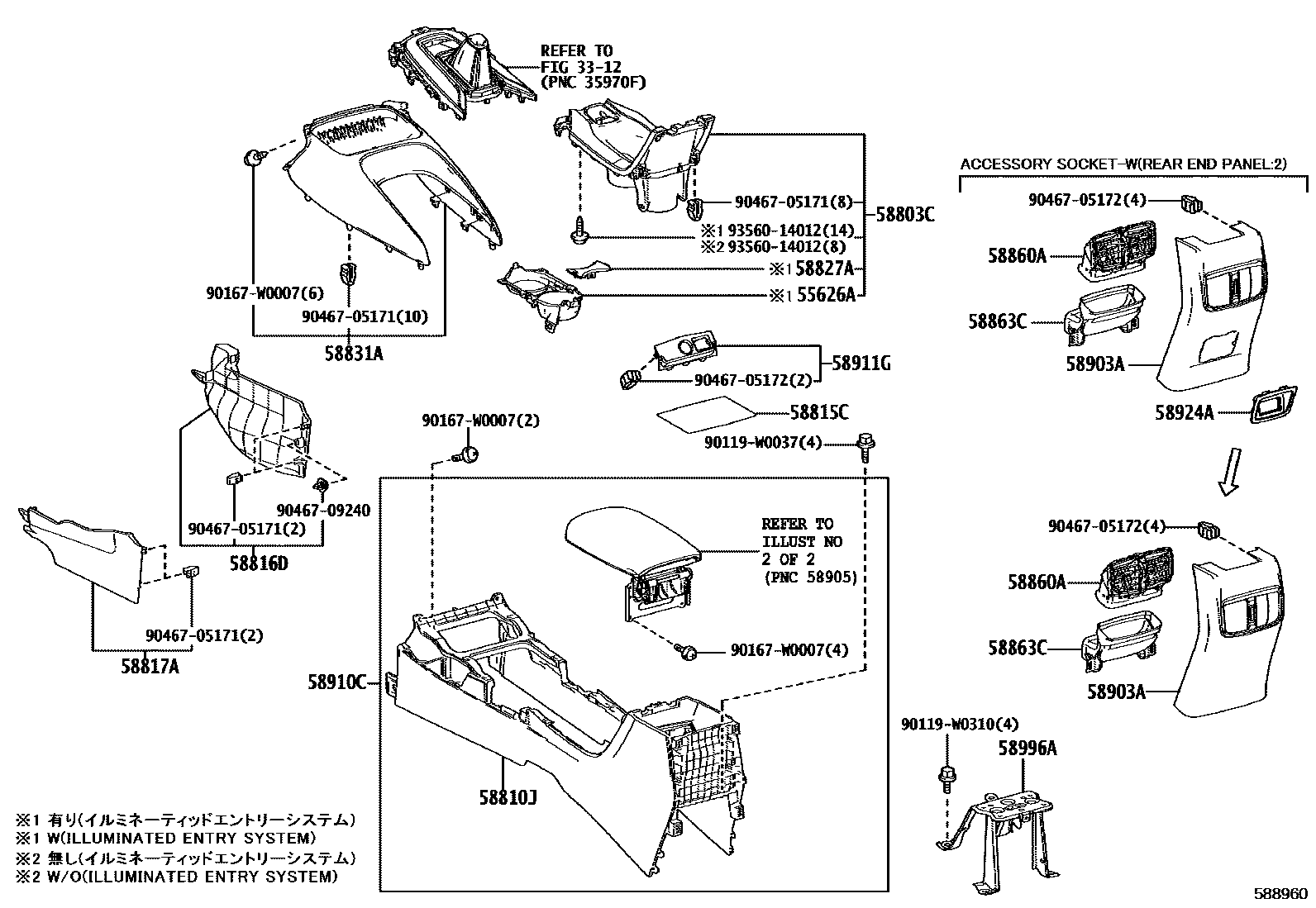 Toyota COROLLA 中央扶手箱和支架 EPC diagram — 588960