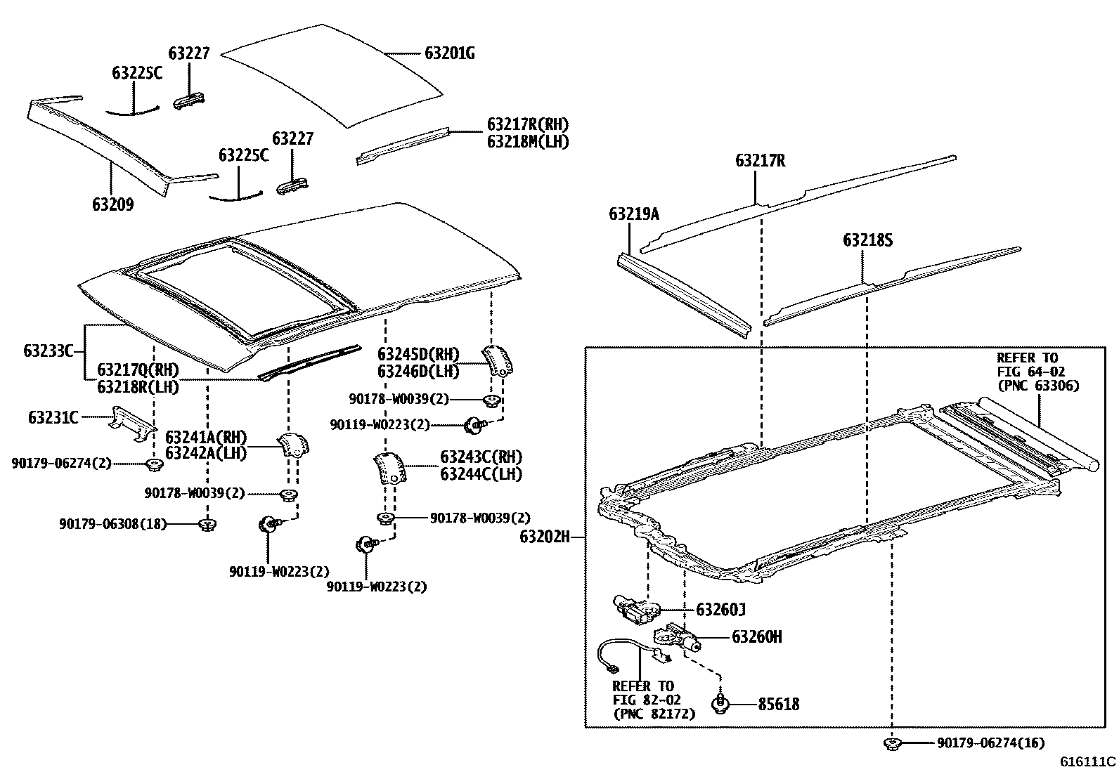 Toyota COROLLA 天窗板和背窗玻璃 EPC diagram — 616111C