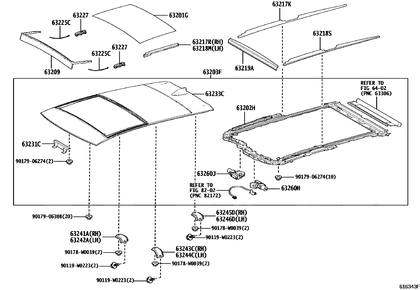 Toyota COROLLA 天窗板和背窗玻璃 EPC diagram — 616343F