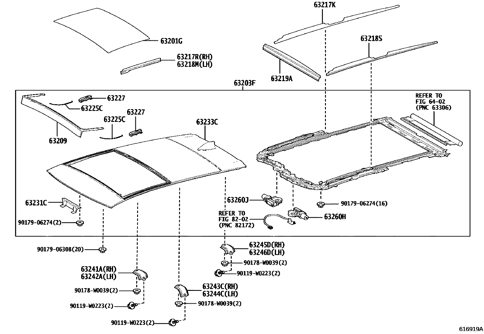 Toyota COROLLA 天窗板和背窗玻璃 EPC diagram — 616919A