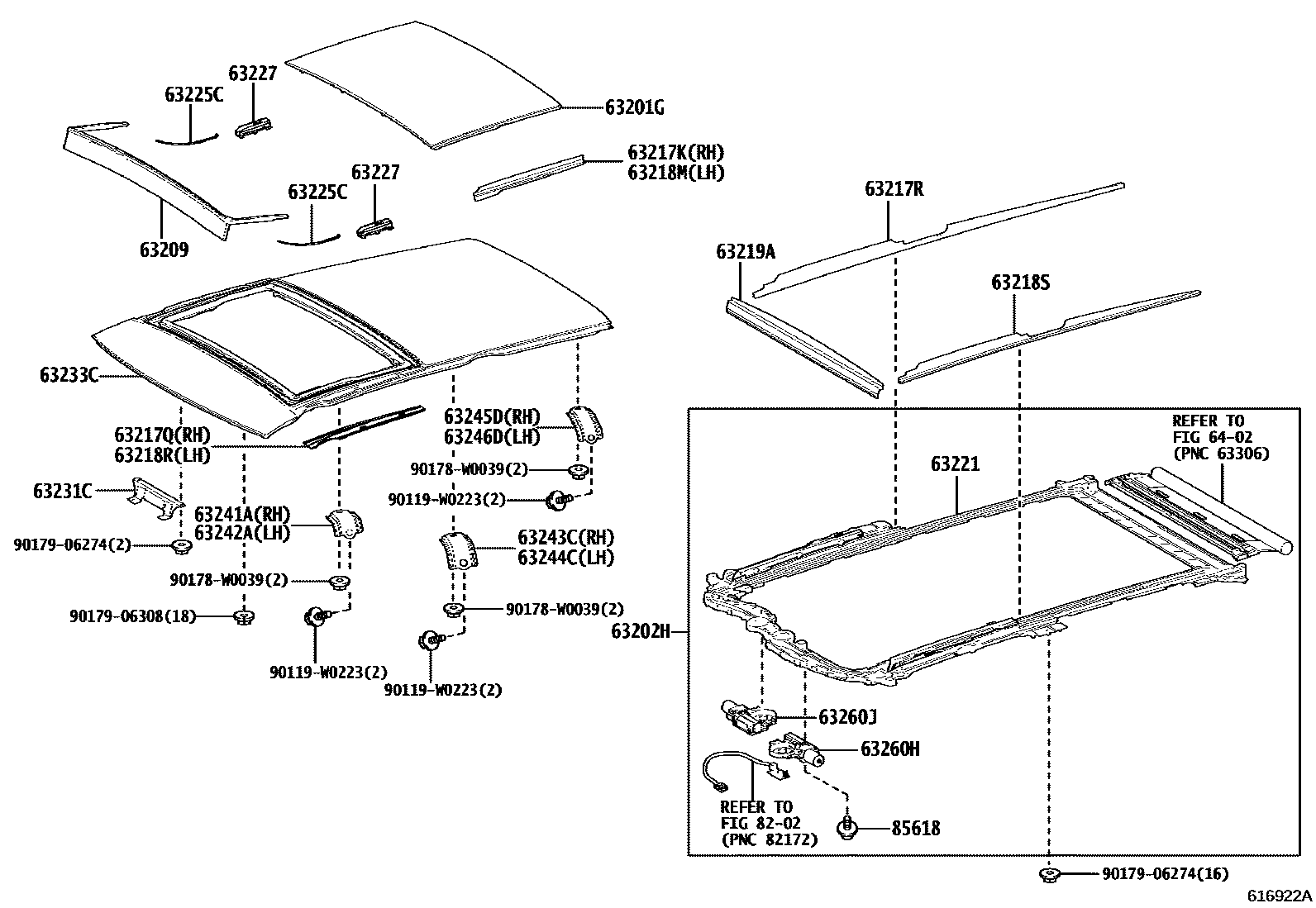 Toyota COROLLA 天窗板和背窗玻璃 EPC diagram — 616922A