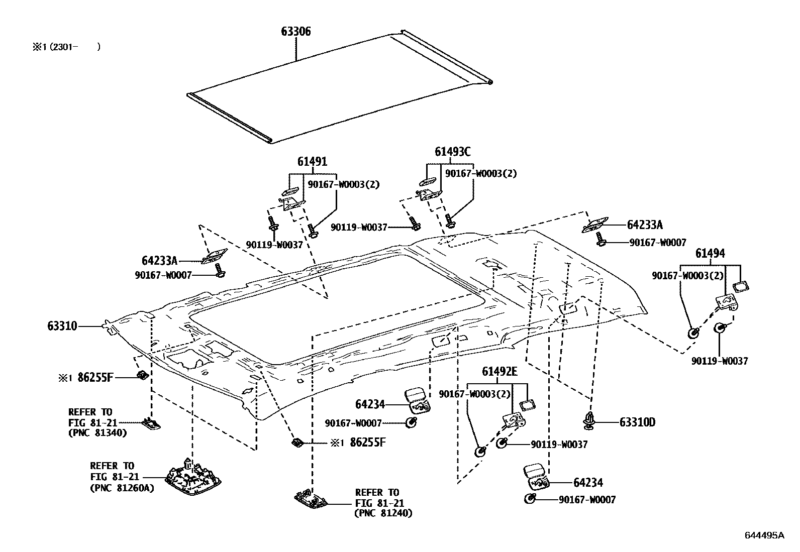 Toyota COROLLA 车顶内衬和消声垫 EPC diagram — 644495A