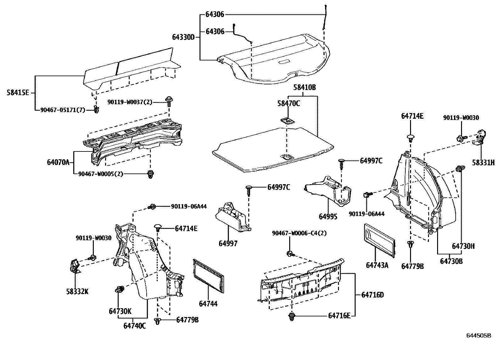 Toyota COROLLA 底板和底板装饰罩 EPC diagram — 644505B