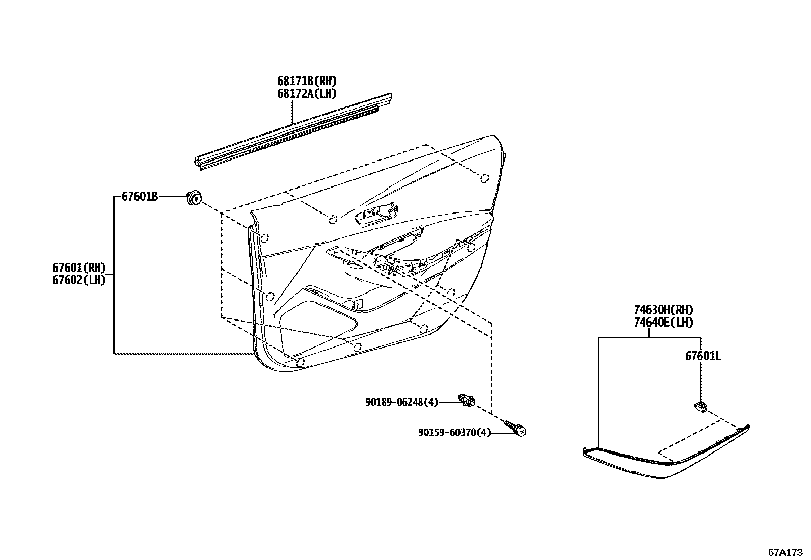 Toyota COROLLA 前门板和前门玻璃 EPC diagram — 67A173