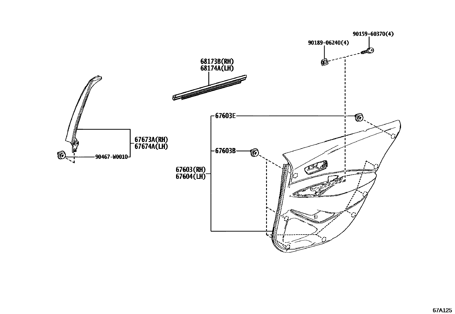 Toyota COROLLA 后门板和后门玻璃 EPC diagram — 67A125