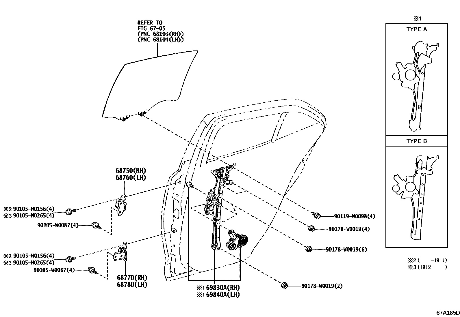 Toyota COROLLA 后门车窗升降器和合页 EPC diagram — 67A185D