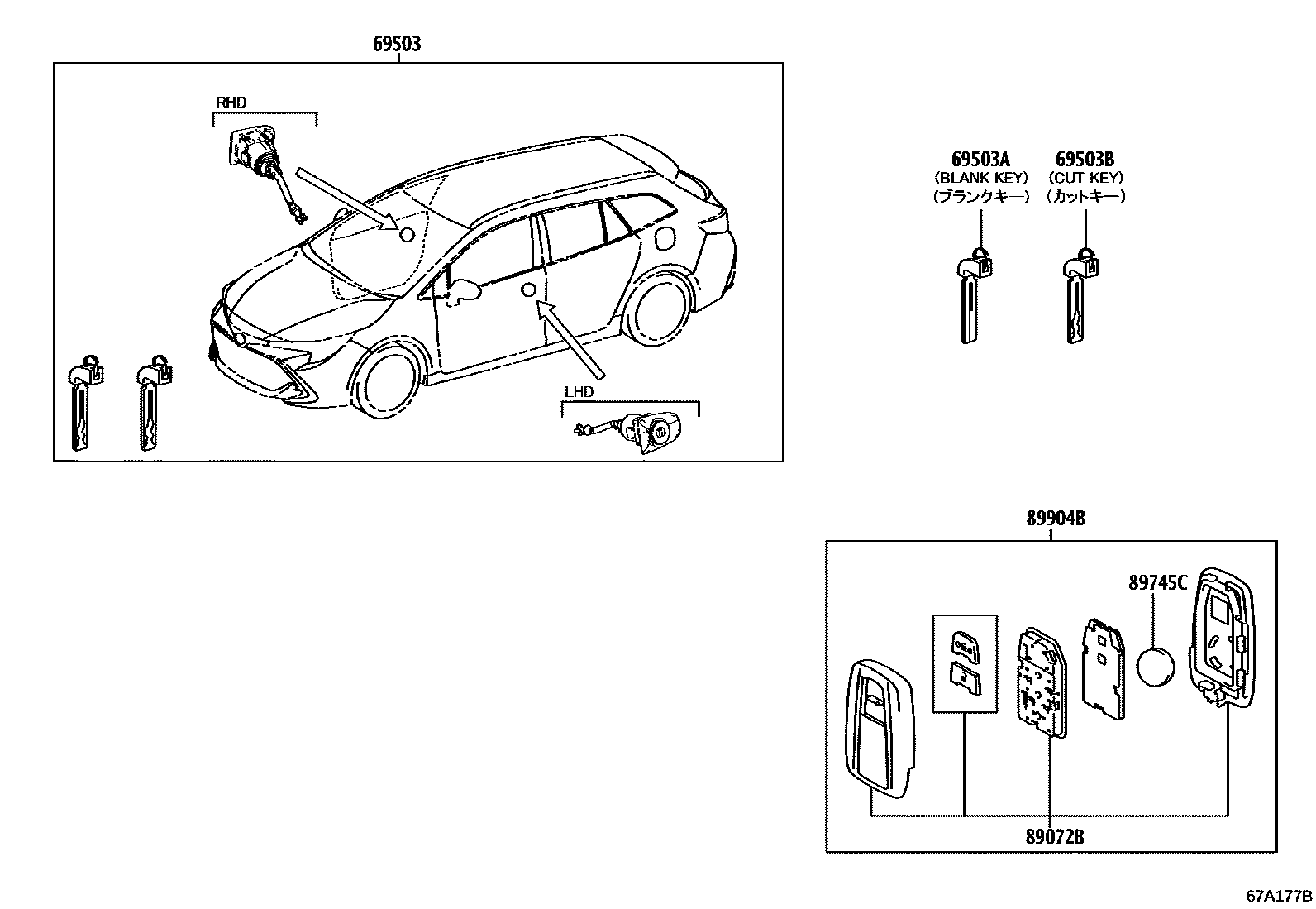 Toyota COROLLA 锁芯组件 EPC diagram — 67A177B