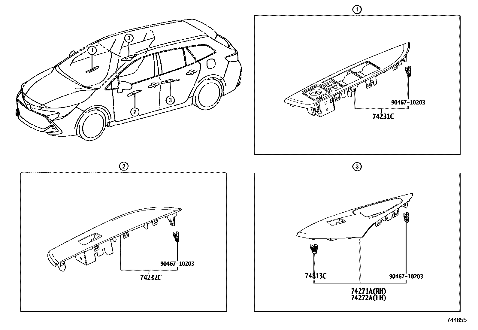 Toyota COROLLA 扶手和遮阳板 EPC diagram — 744855