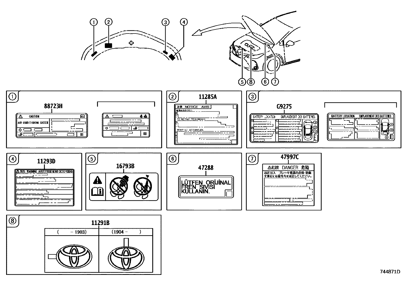Toyota COROLLA 警示铭牌(车外和车内) EPC diagram — 744871D